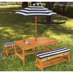 Wood Outdoor Picnic Table and Bench Seat with Umbrella