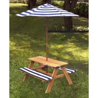 Wood Outdoor Picnic Table with Fixed Bench Seat and Umbrella